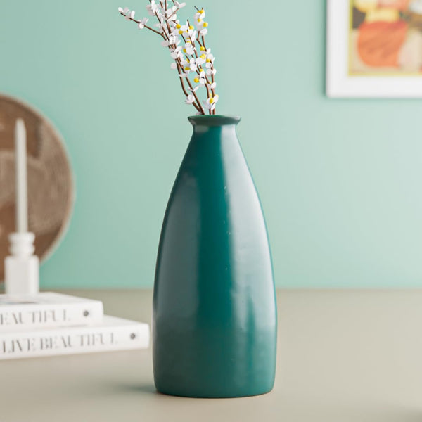 Teal Bottle Ceramic Flower Vase - The Earth Store - Vase